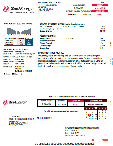 USA Xcel Energy utility bill template in Word and PDF formats, version 2